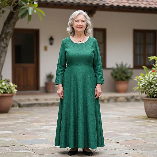 Photograph of an elderly woman with short gray hair, wearing a green long-sleeve dress, standing in a sunlit courtyard with potted plants