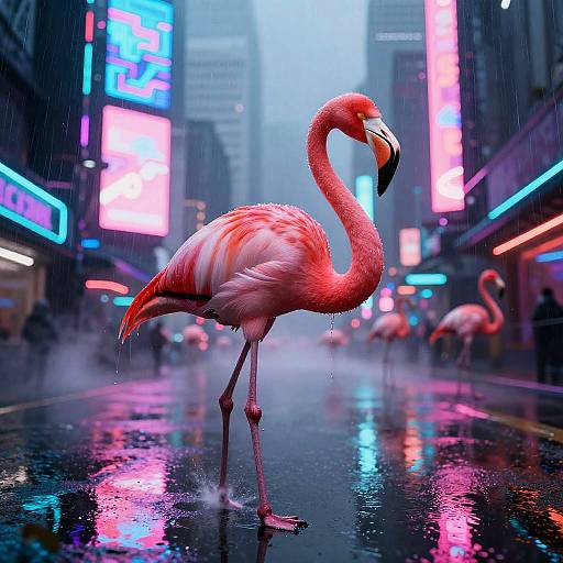 Photograph of a vibrant pink flamingo standing in a rain-soaked, neon-lit city street, surrounded by other flamingos and colorful, glowing