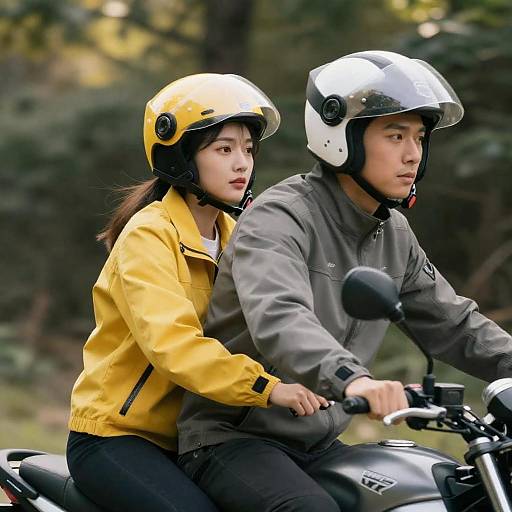 Couple Riding Motorcycles Through Forest