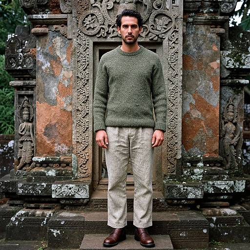Photograph of a bearded man in a green sweater, beige pants, and brown shoes standing in front of an ornate, weathered stone temple