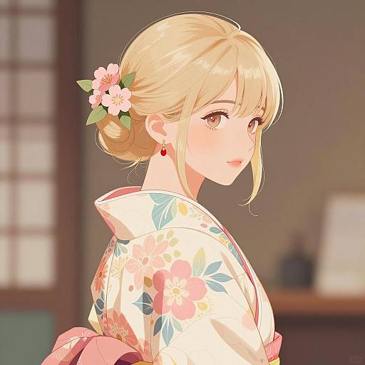 Elegant Blonde in Floral Kimono Illustration