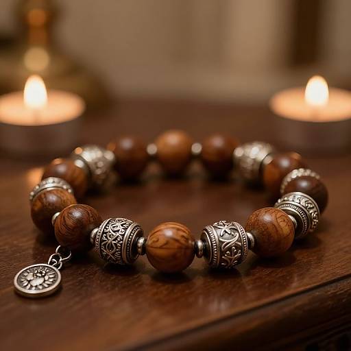 Photograph of a wooden bead bracelet with silver ornate charms, lying on a dark wooden surface, flanked by two glowing candles.
