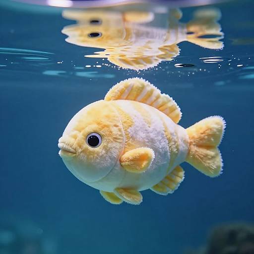 Photograph of a fuzzy, yellow-orange fish with black eyes swimming underwater, reflected above, against a deep blue background.