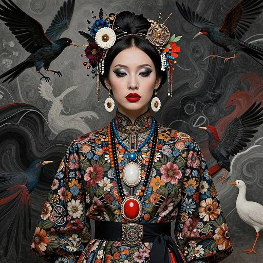 Surreal Floral Woman with Birds