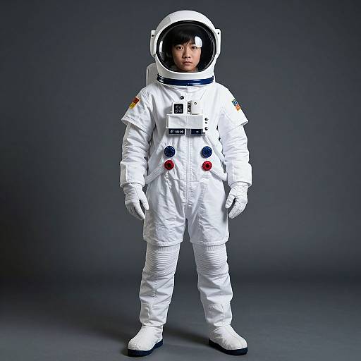 Photograph of an Asian child in a white astronaut suit with a clear helmet, standing against a dark gray backdrop. Suit features colorful buttons and patches.