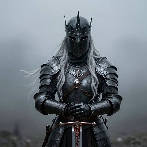 Photograph of a medieval knight in black, silver-embossed armor, with a spiked helmet and long white hair, gripping a blood-stained sword