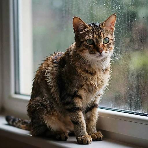 Sad Wet Cat on Rainy Windowsill