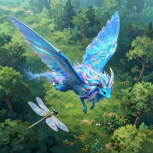 Digital fantasy artwork of a glowing blue winged mythical creature with flowing hair, flying above a lush, green forest, accompanied by a delicate dragonfly.