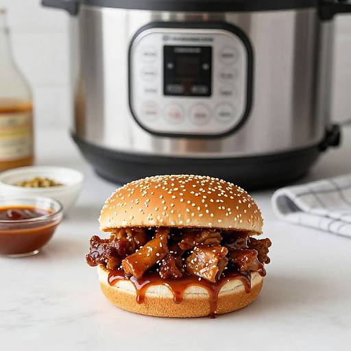 Photograph of a sesame seed bun filled with crispy bacon and caramelized onions, set in front of a digital pressure cooker.