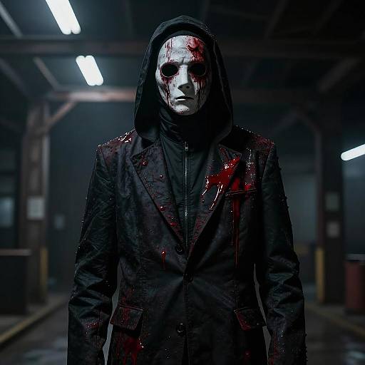 Dark Figure in Blood-Stained Mask and Suit