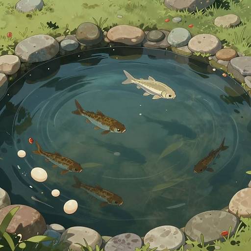 Digital illustration of a serene pond with five koi fish, varying brown and gold scales, swimming near white floating spheres, surrounded by smooth rocks and green