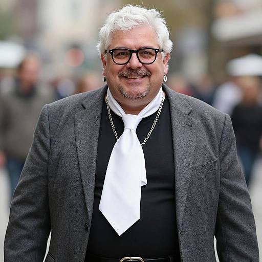 Photograph of a smiling middle-aged man with white hair, black-rimmed glasses, gray suit, black shirt, white tie, and silver chain