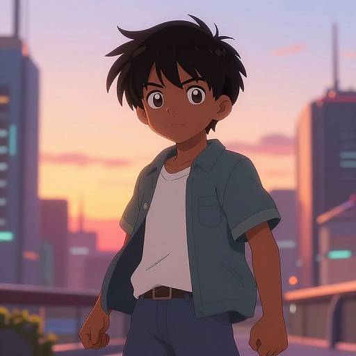 Anime-style digital drawing of a young boy with dark hair and brown eyes, wearing a blue shirt over a white tee, standing against a sunset cityscape