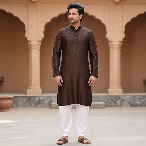 Photograph of a handsome South Asian man with dark hair, beard, wearing a black kurtah and white pants, standing in front of a beige