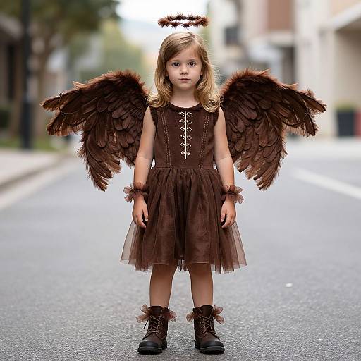 Photograph of a young girl with angel wings and halo, wearing a brown dress and boots, standing on a blurred city street.