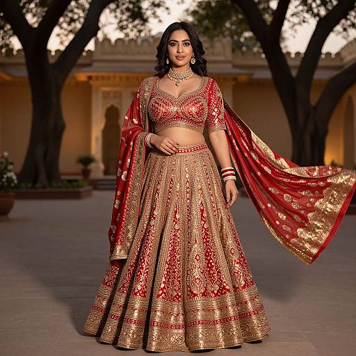 Photograph of a beautiful South Asian woman in a red and gold traditional lehenga with intricate embroidery, standing in a sunlit courtyard with trees and arch
