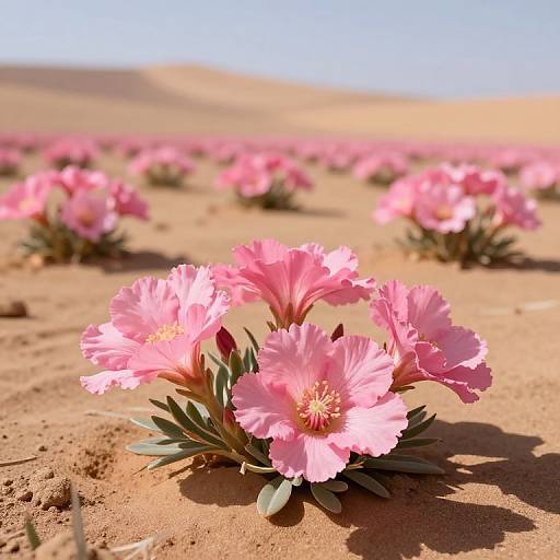 Photograph of vibrant pink desert flowers with ruffled petals and green leaves, standing out against a sunlit, sandy landscape.