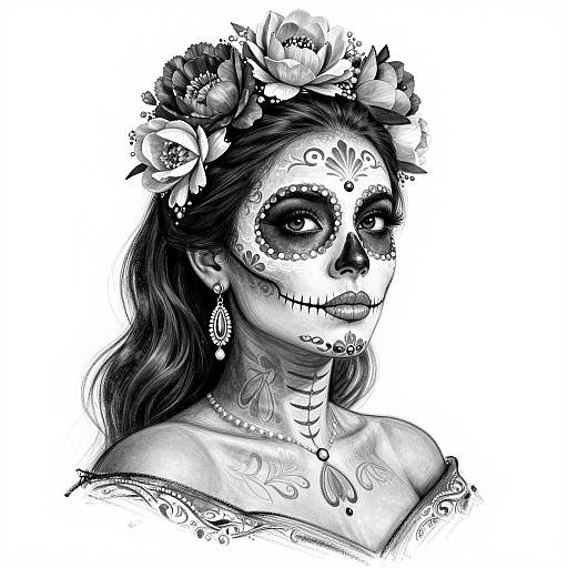 Black and white digital drawing of a Day of the Dead-inspired woman with flower crown, intricate face paint, off-shoulder dress, and teard
