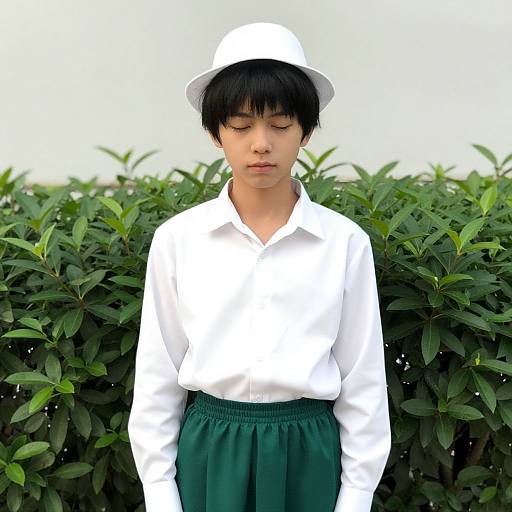 Young Asian boy with short black hair, wearing a white shirt, green pants, and white bucket hat, stands in front of lush green bushes against a