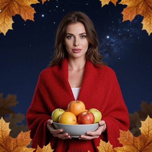 Photograph of a woman with dark brown hair, wearing a red knitted shawl, holding a white bowl with autumn fruits, against a starry