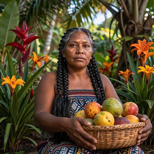 Photograph of a Black woman with braided hair, wearing a colorful patterned dress, holding a basket of fruits, surrounded by vibrant orange and red