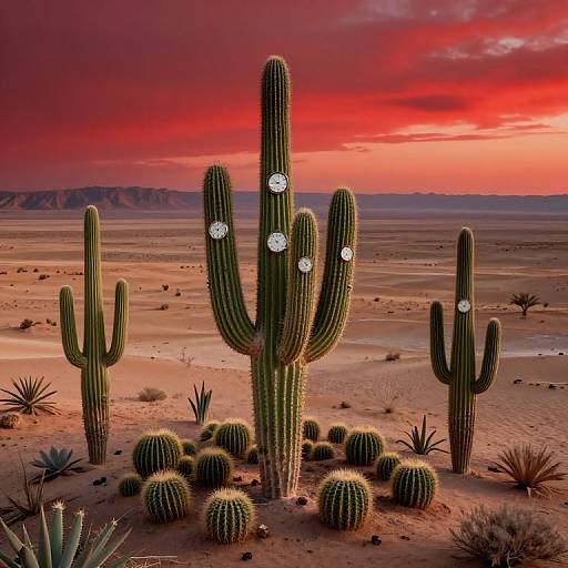 Photograph of a desert sunset with vibrant red sky, featuring tall, green cacti with glowing white orbs, surrounded by smaller cacti and