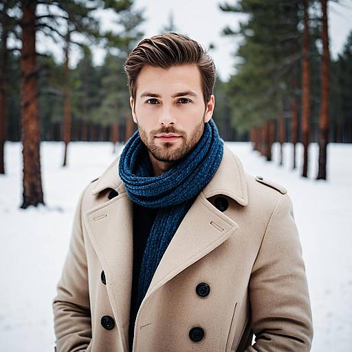 Man in Beige Coat and Blue Scarf in Winter Forest