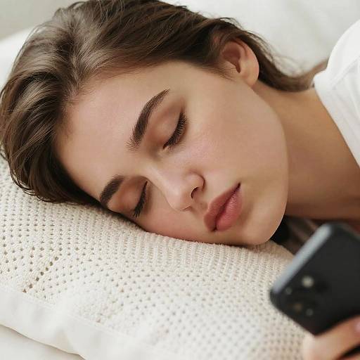 Photograph of a young woman with fair skin and brown hair sleeping on a white textured pillow, holding a black phone.
