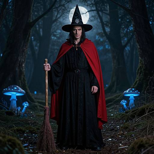 Photograph of a witch with long black hair, wearing a black dress, red cape, and pointed hat, holding a broomstick in a dark