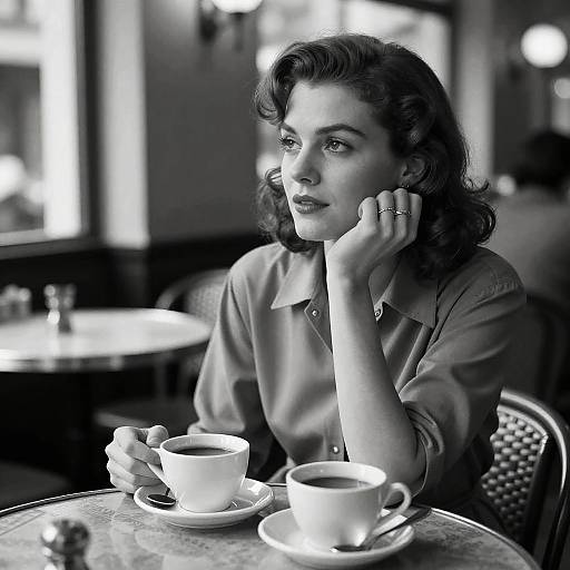 Black-and-white photograph of a pensive woman with wavy hair, wearing a collared shirt, sitting at a café table with two coffee cups.