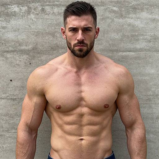 Photograph of a muscular, shirtless, bearded man with short dark hair, standing against a concrete wall, displaying defined abs and chest.