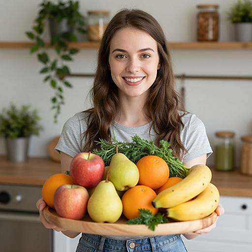 Smiling Woman Presenting Fresh Fruits