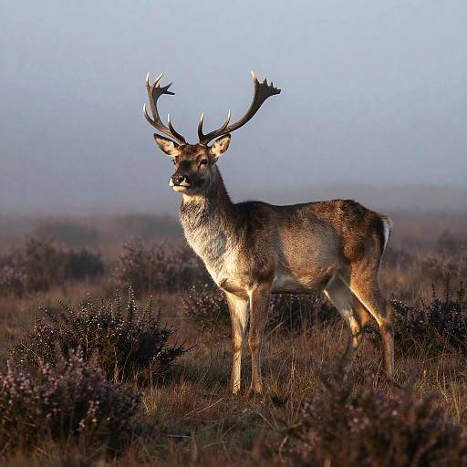 Photograph of a majestic stag with large antlers standing in a misty heathland, surrounded by purple heather, under soft morning light.