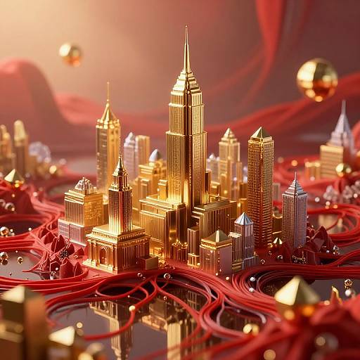 CGI image of a glowing, golden cityscape with futuristic skyscrapers, red highways, and floating metallic orbs against a warm, red-orange background