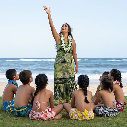 Photograph of a smiling woman in a green floral dress with a lei, raising her arm, surrounded by six children in colorful swimwear at a beach