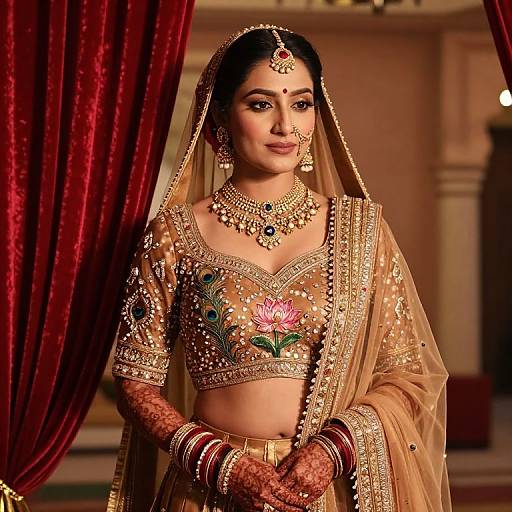 Photograph of an Indian bride in traditional gold and beige attire, adorned with intricate embroidery, jewelry, and a veil, standing before red velvet curtains in
