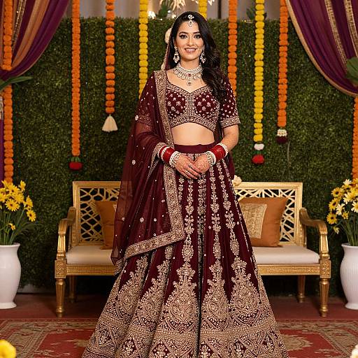 Indian woman in traditional maroon and gold embroidered lehenga, matching dupatta, and jewelry, stands in front of a decorated green wall with yellow and