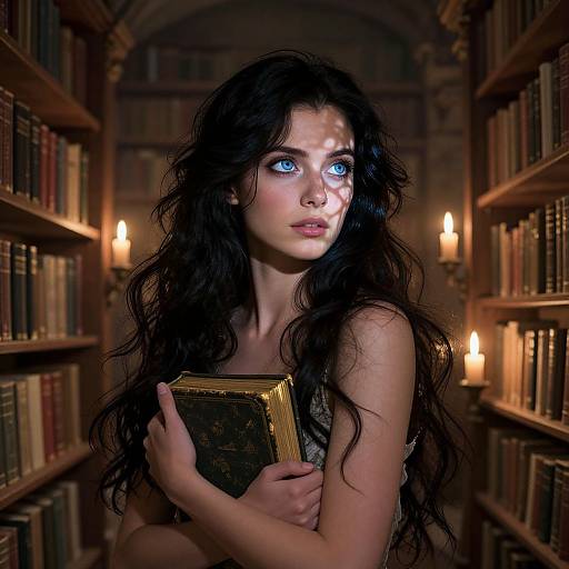 Photorealistic digital artwork of a woman with long, wavy black hair, glowing blue eyes, holding a gold book in a dimly lit,