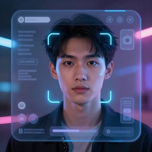 Photorealistic CGI of an East Asian man with short black hair, neutral expression, wearing a dark jacket, framed by glowing blue interface icons and neon