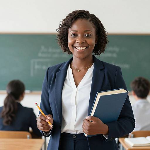 Photograph of smiling Black woman with curly hair, wearing a navy blazer and white blouse, holding a notebook and pencil in a classroom. Blurred