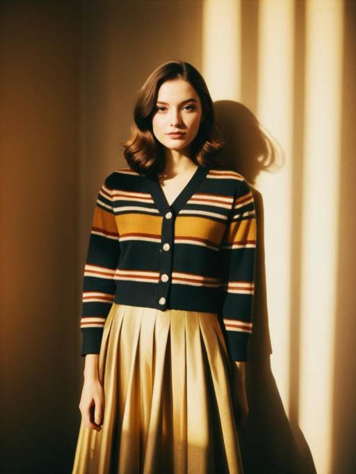 Young Woman in Striped Sweater and Pleated Skirt
