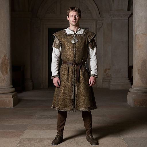 Photograph of a young man in medieval attire, standing in a dimly lit, stone-columned hall. He wears a brown, long-slee
