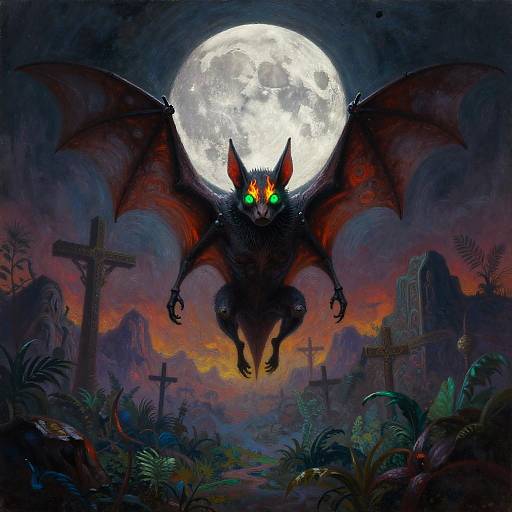 Digital painting: A dark bat with glowing green eyes and outstretched wings soars towards a bright full moon over a haunted graveyard. Crosses and