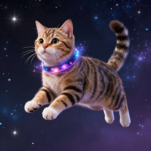 Digital illustration of a flying, glowing tabby kitten with striped fur, wearing a neon blue collar, set against a starry night sky.