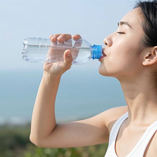Woman Hydrating by Ocean with Plastic Bottle