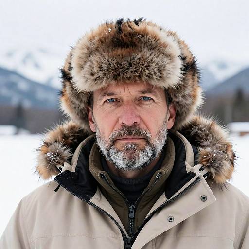 Serious Middle-Aged Man in Snowy Landscape