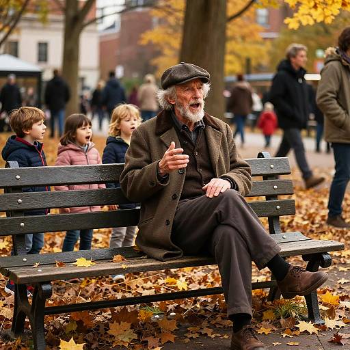 Photograph of an elderly man with white beard and cap, sitting on a park bench, gesturing, surrounded by autumn leaves and children in the background