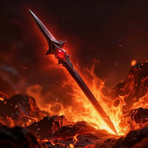 Digital artwork of a glowing red, spiked sword emerging from fiery rocks, with intense orange flames and a dark, smoky background.