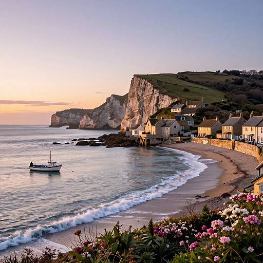 Photograph of a coastal village at sunset with cliffs, small houses, a boat in the calm sea, and pink flowers in the foreground.