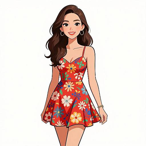 Digital illustration of a smiling woman with long brown hair wearing a red, floral-patterned, spaghetti-strap dress, standing against a white background.